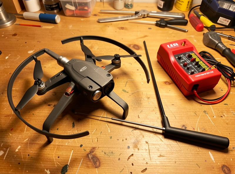 A 7-inch long-range FPV quad on a workbench beside a 900MHz antenna and a balance charger