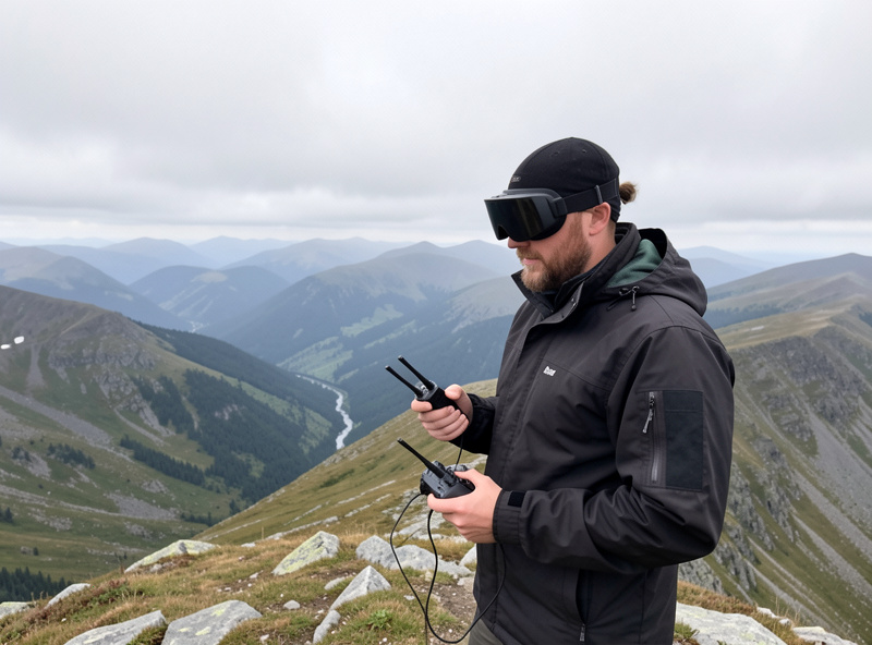 A pilot reading mountain terrain before a long-range FPV flight, goggles and radio in hand