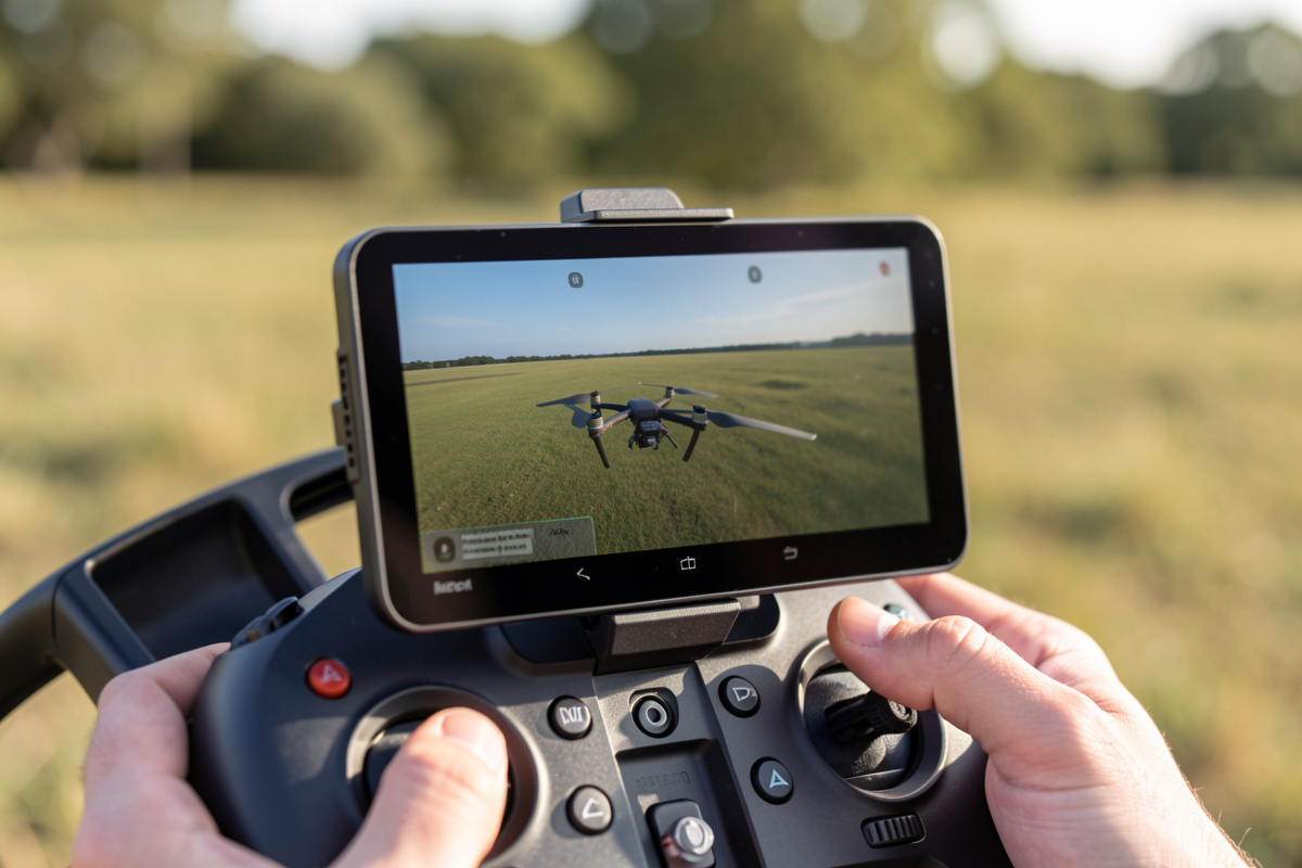 A drone controller screen showing smooth level footage while the small drone hovers in a breeze behind