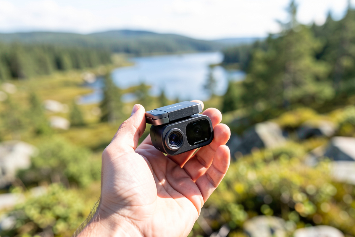 A compact folded camera drone held in one hand showing how small it is against a Scandinavian landscape