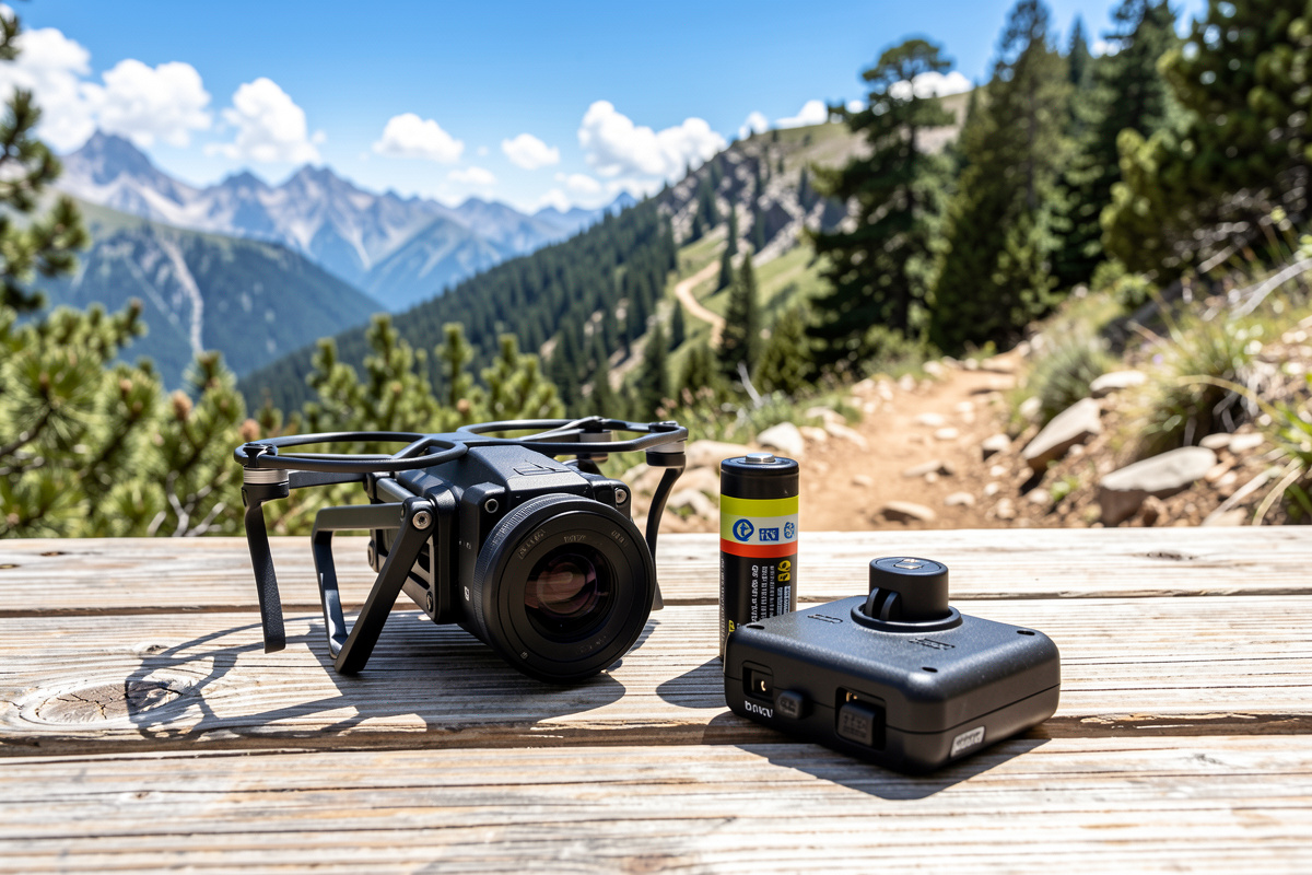 A small folding camera drone beside two spare batteries and a charging hub on an outdoor table