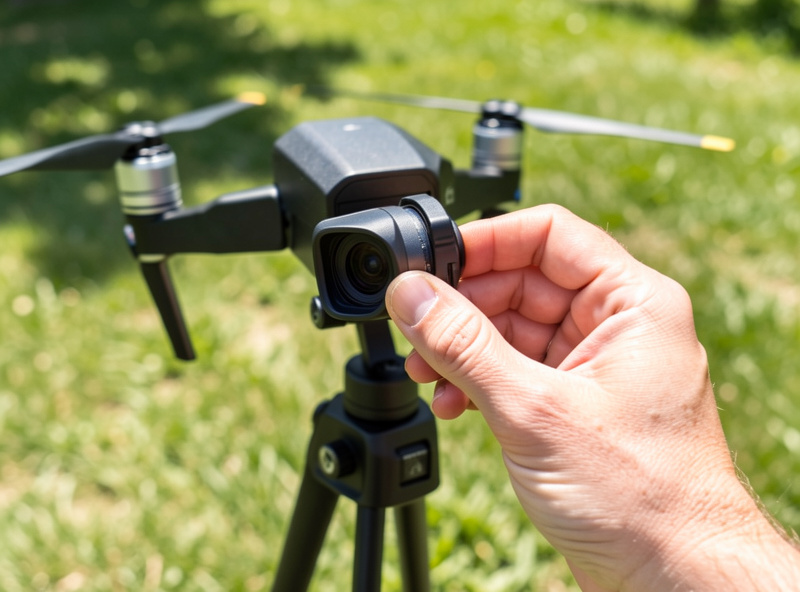 Hand fitting a neutral density filter onto a DJI drone gimbal camera outdoors