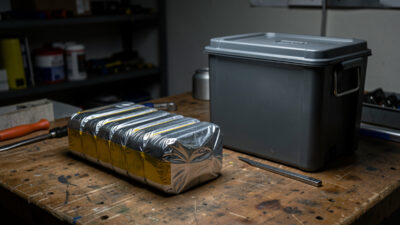 A puffed swollen LiPo battery beside a flat healthy pack, ready for safe retirement and recycling