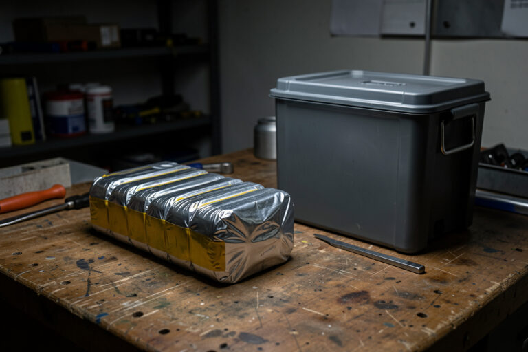 A puffed swollen LiPo battery beside a flat healthy pack, ready for safe retirement and recycling
