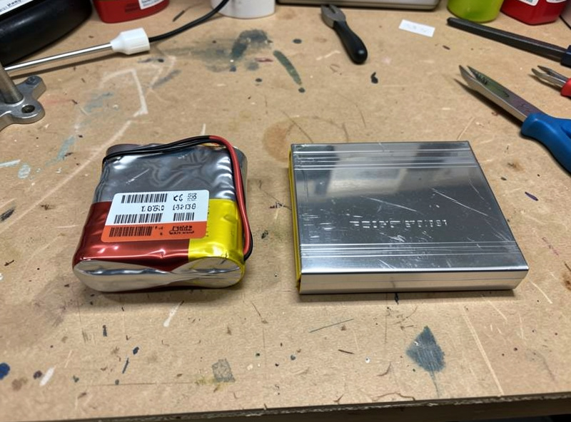 A swollen puffed LiPo pack sitting next to a flat healthy pack for comparison on a workbench