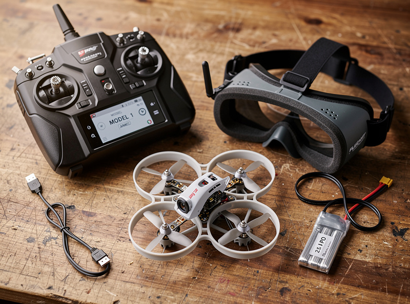 A tinywhoop FPV drone resting on a desk beside an FPV radio transmitter and goggles, the beginner starter setup