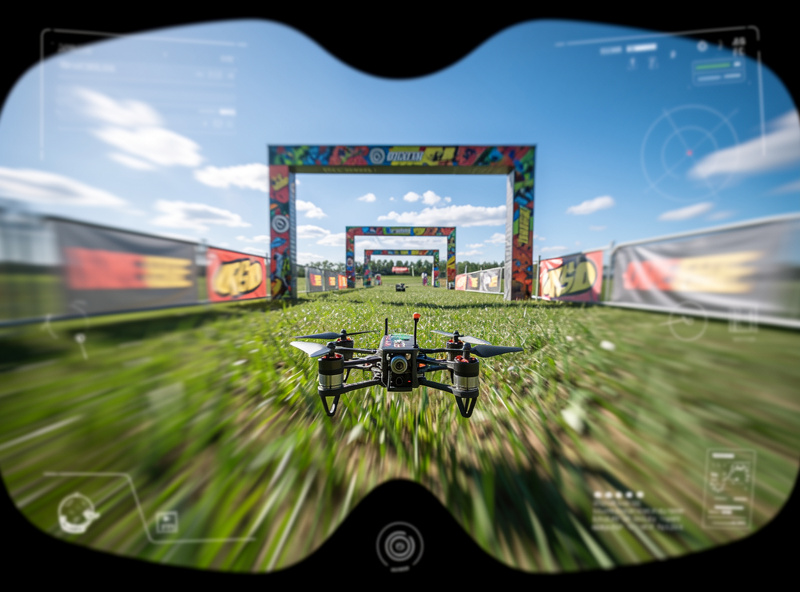 First-person FPV goggle view of a quad flying through an outdoor course, illustrating the immersive cockpit perspective