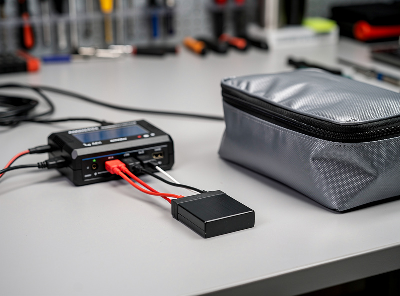A balance charger with a LiPo battery and a fire-resistant LiPo charging bag on a workbench, illustrating safe battery habits