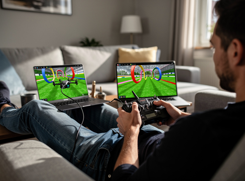 A pilot seated on a couch flying an FPV simulator with a radio transmitter connected to a laptop, screen showing a quad on a virtual course