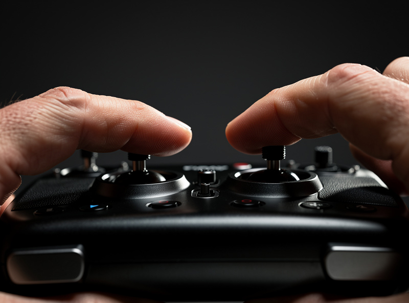Close-up of hands on an FPV radio transmitter's gimbals making small precise stick movements