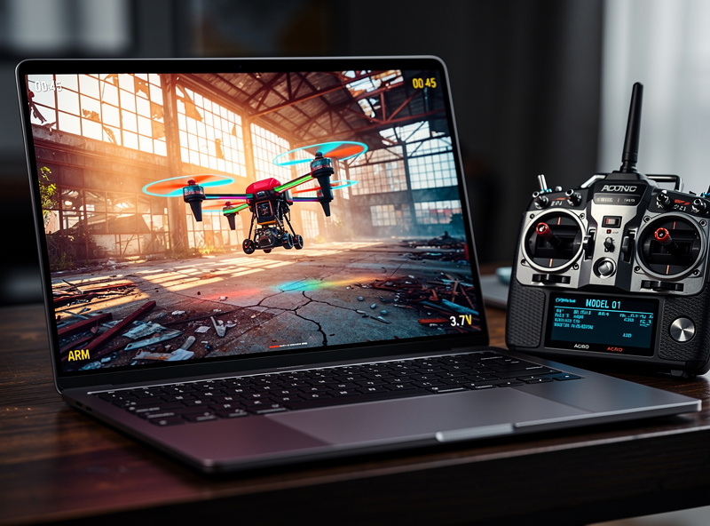 A laptop on a desk running an FPV simulator showing a quadcopter flying through a freestyle environment, an FPV radio transmitter beside it