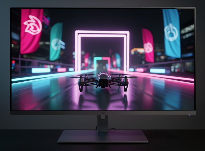 Close-up of an FPV simulator screen showing a quad approaching a race gate on a track