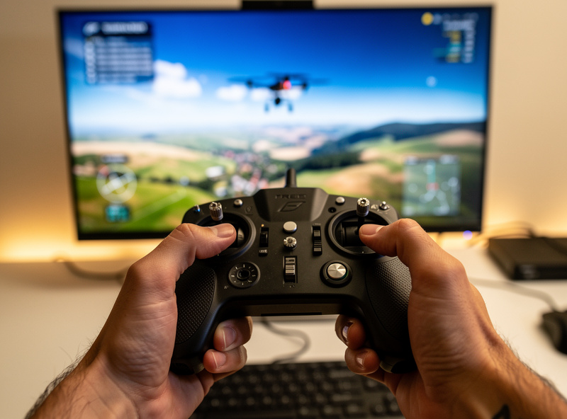 Hands holding an FPV radio transmitter in front of a computer monitor running a drone simulator