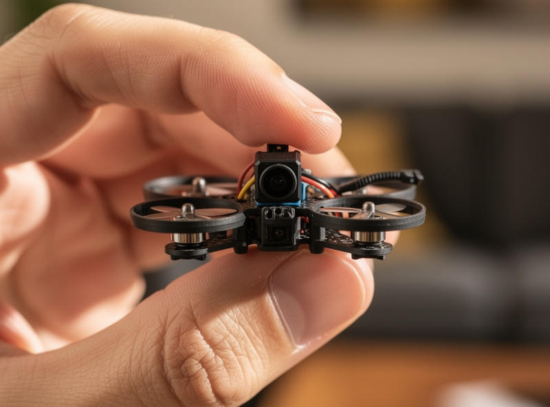 A tiny ducted tinywhoop FPV drone held between two fingers, showing how small and lightweight it is