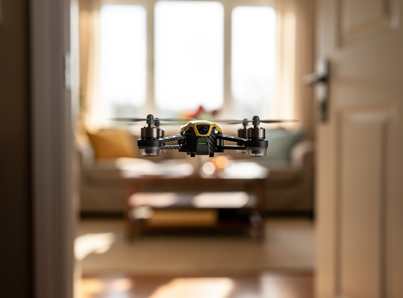 A tinywhoop drone flying through a living room doorway from a first-person flying perspective