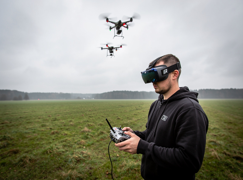 An FPV pilot wearing goggles standing in an open field flying a quad, demonstrating the right outdoor setting