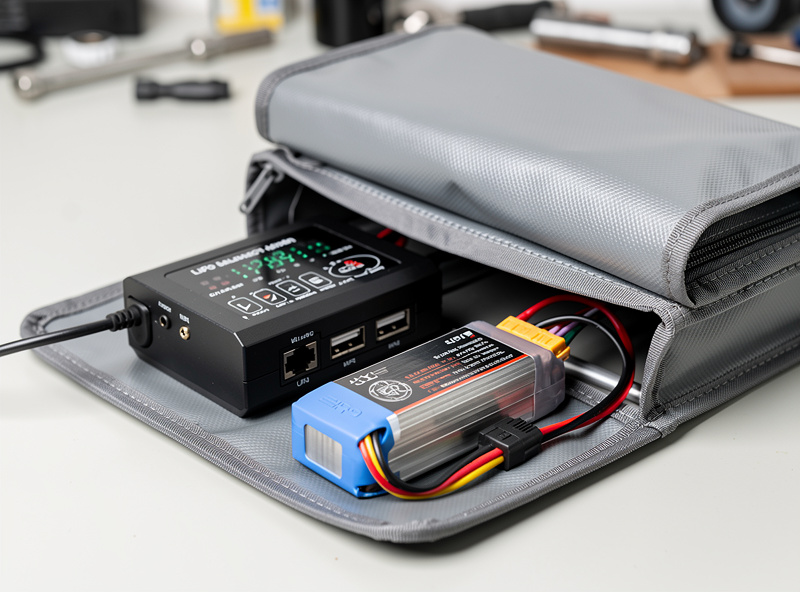 A balance charger and LiPo battery in a fireproof bag on a workbench, illustrating safe battery habits