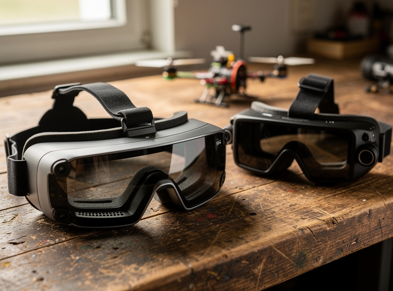 A pair of digital FPV goggles next to a set of analog FPV goggles on a workbench, showing the two video systems side by side