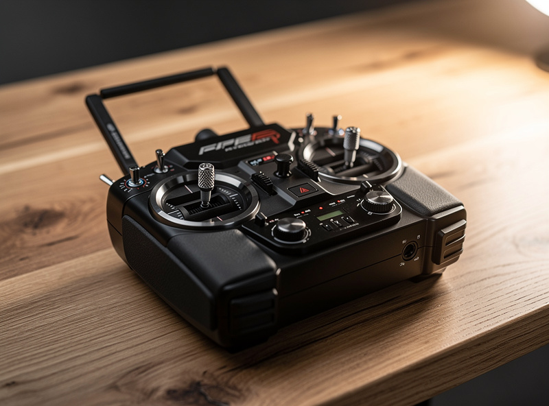 A quality FPV radio transmitter with twin gimbals resting on a desk, the central piece of an FPV kit