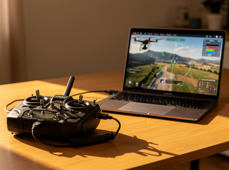 An FPV radio transmitter connected to a laptop running a flight simulator, with no drone present, illustrating learning before buying a quad