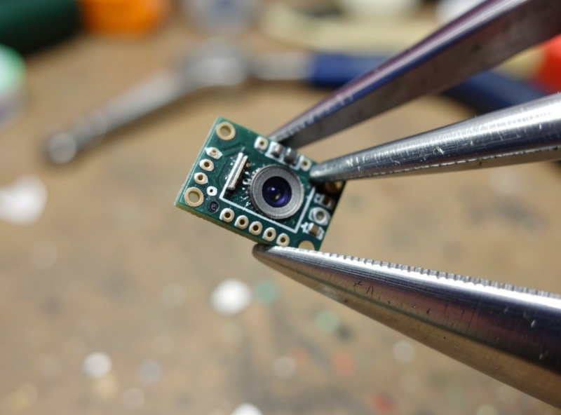 Macro close-up of a micro FPV camera board held with tweezers over a workbench