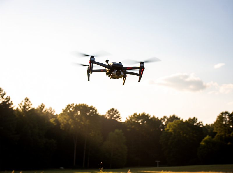 An FPV freestyle quad in flight against a bright sky transitioning to a shaded treeline