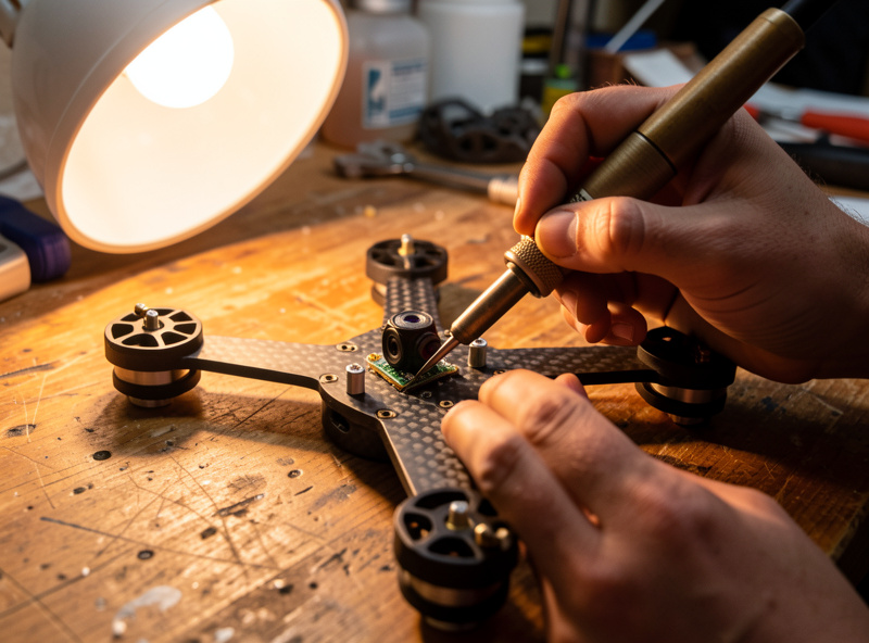 A soldering iron tinning the pads of a micro FPV camera being installed into a carbon fiber quad frame