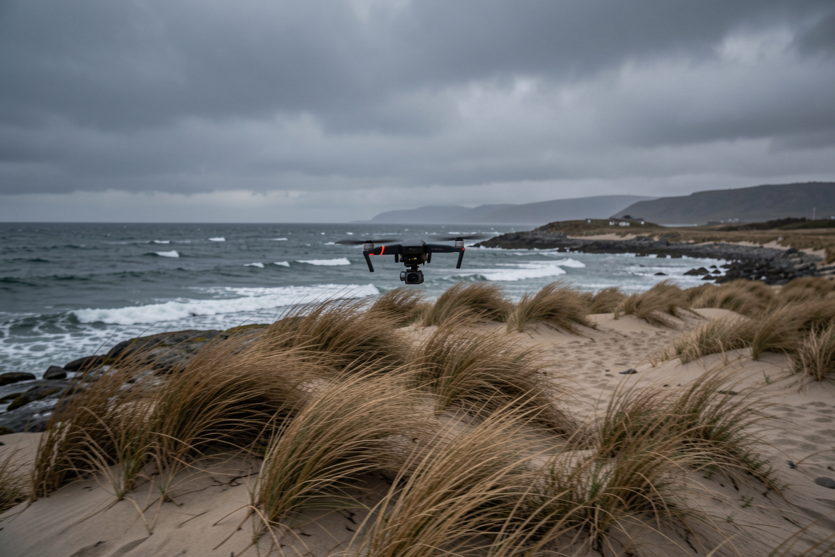 A small sub-250 gram drone tilting into a coastal breeze over a windswept Nordic shoreline
