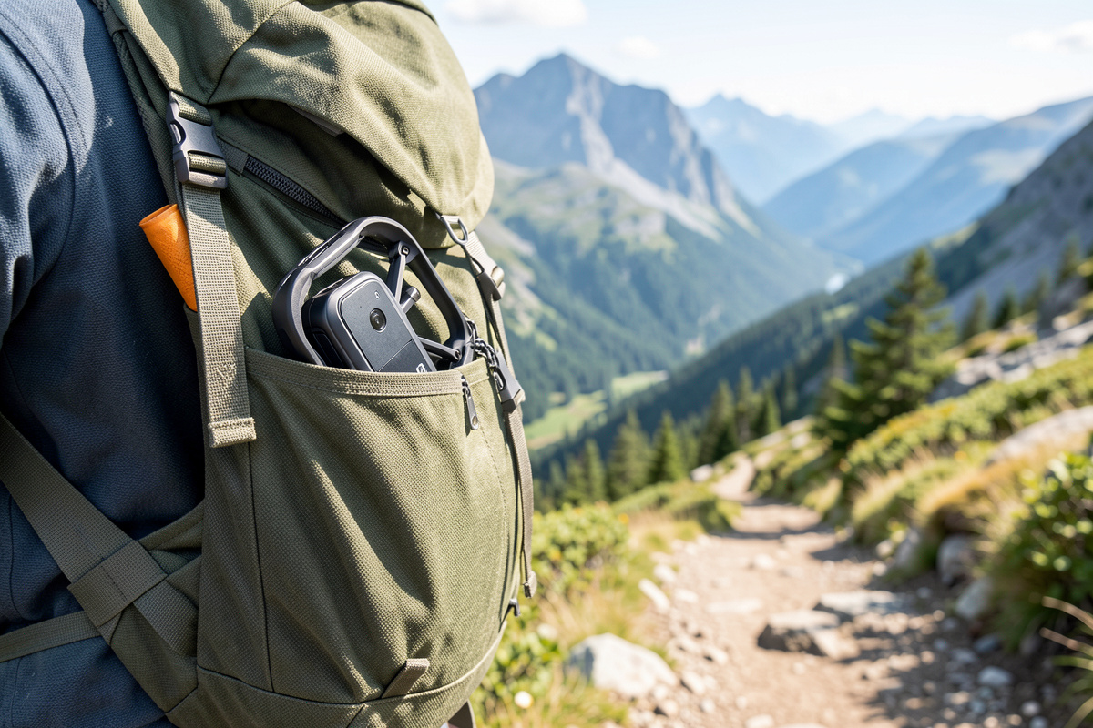 A folded compact camera drone tucked into a jacket pocket beside a hiking daypack on a mountain trail