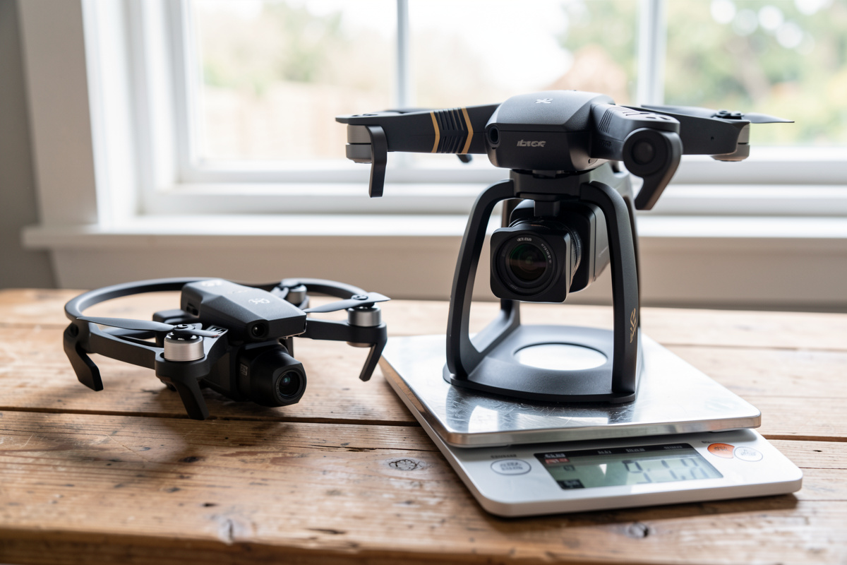 A tiny sub-250 gram folding drone beside a larger camera drone on a bench with a kitchen scale