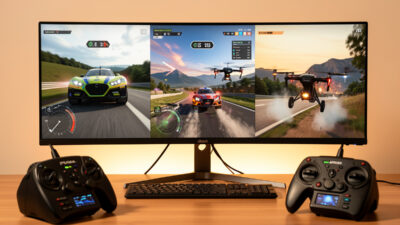 Three FPV simulators compared on a monitor with a pilot radio
