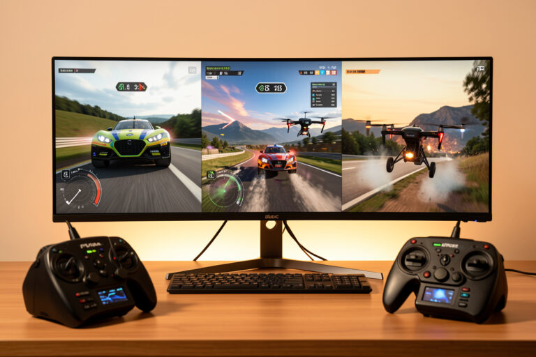 Three FPV simulators compared on a monitor with a pilot radio