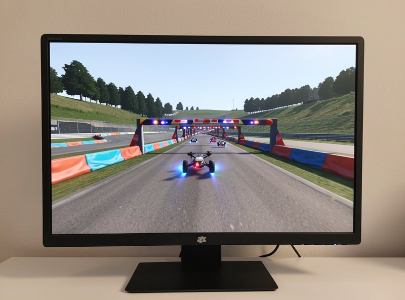 Velocidrone-style FPV racing simulator track with gates on a monitor