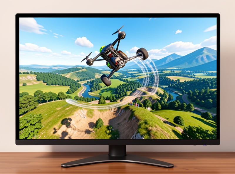 FPV freestyle simulator map with a quad performing a power loop, vivid graphics